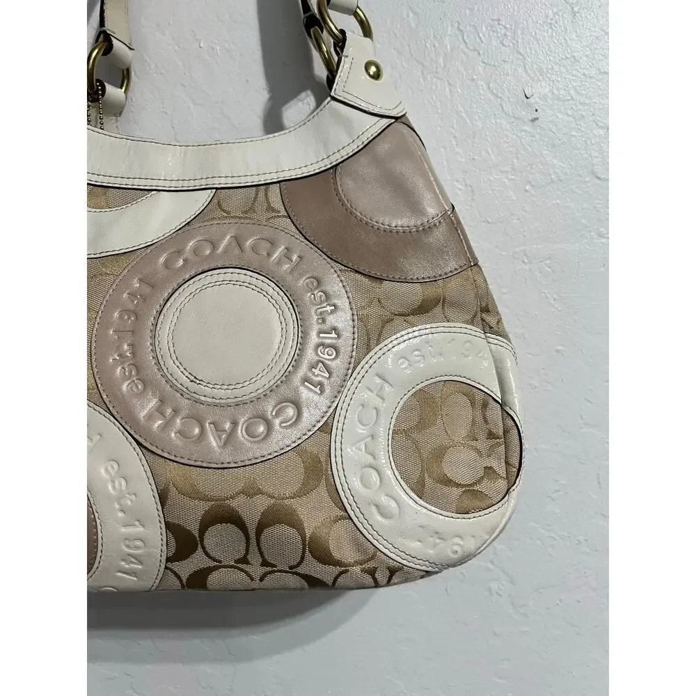 Coach Pierced Patchwork Maggie Hobo Bag Logo Khaki Beige Purse Tan